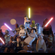 Lego versions of Luke, Leia, Rey, Han, Darth Maul, and more pose together in front of a binary sunset.